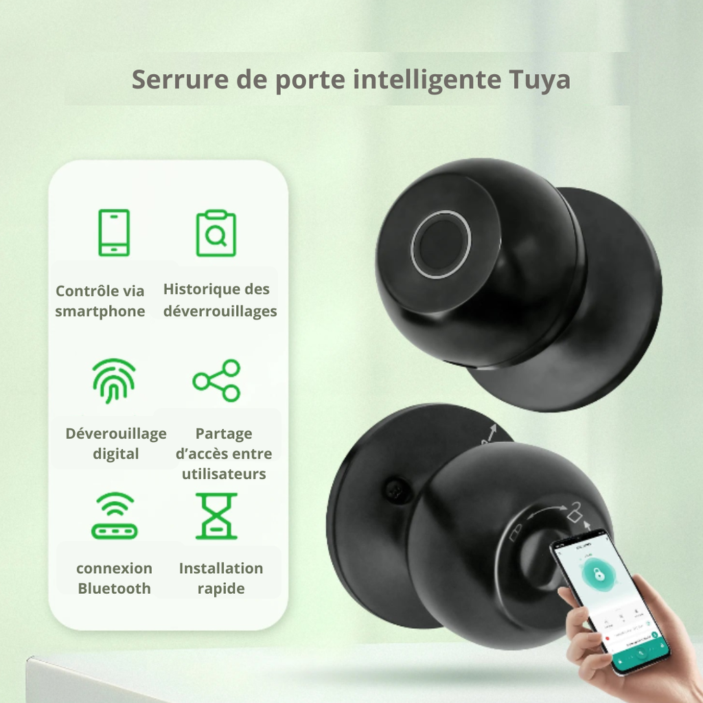 Poignée de porte biométrique noire – Déverrouillage empreinte digitale & App Tuya
